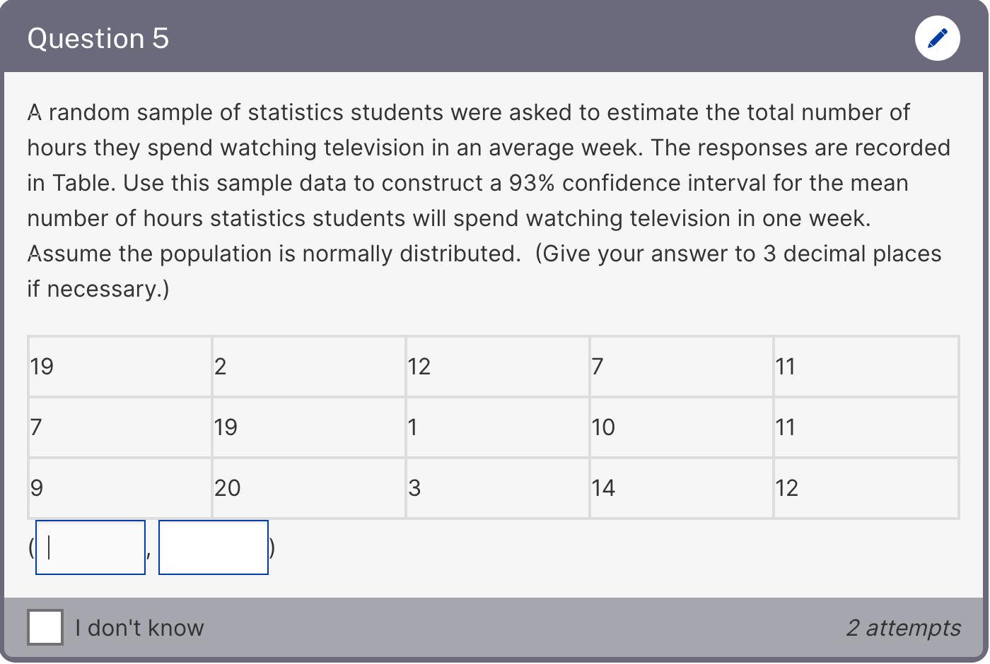 Solved Question 5 A random sample of statistics students | Chegg.com