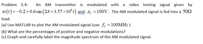 Solved Problem 5.4: An AM transmitter is modulated with a | Chegg.com