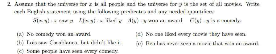 Solved 2. Assume that the universe for r is all people and | Chegg.com