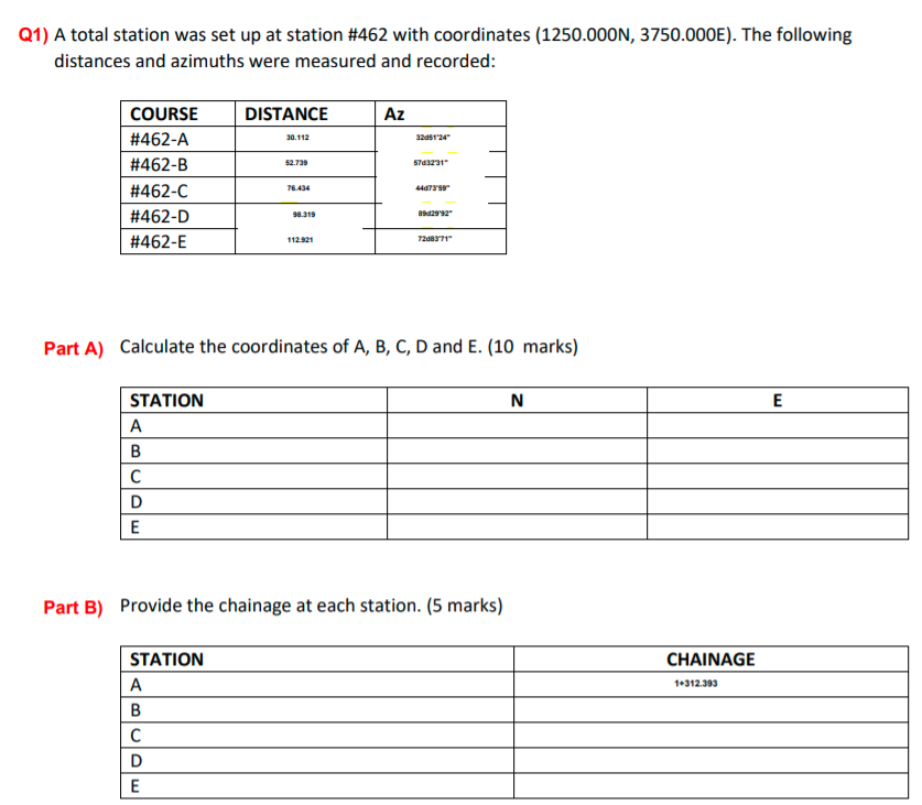 Solved Q1) A total station was set up at station #462 with | Chegg.com