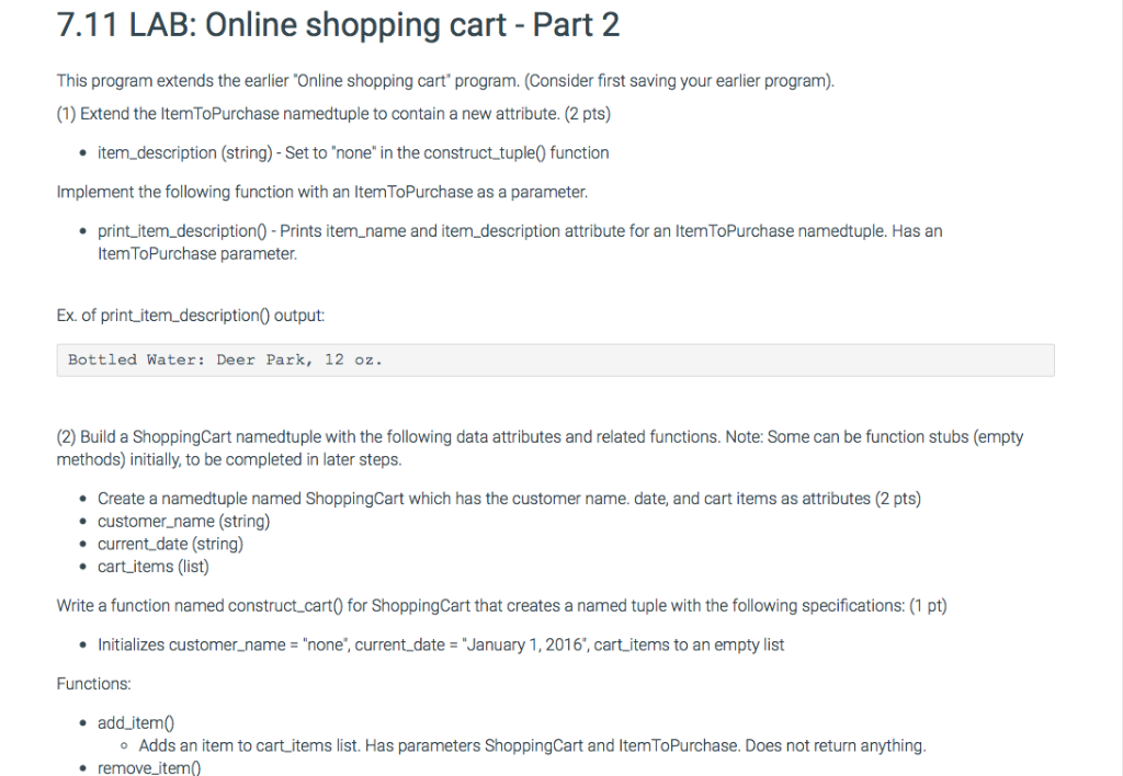 Solved 7.11 LAB: Online shopping cart - Part 2 This program | Chegg.com