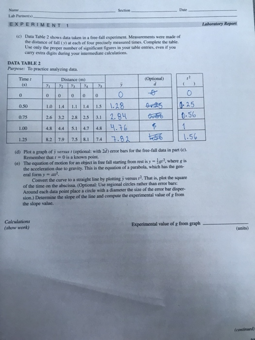 free fall experiment data