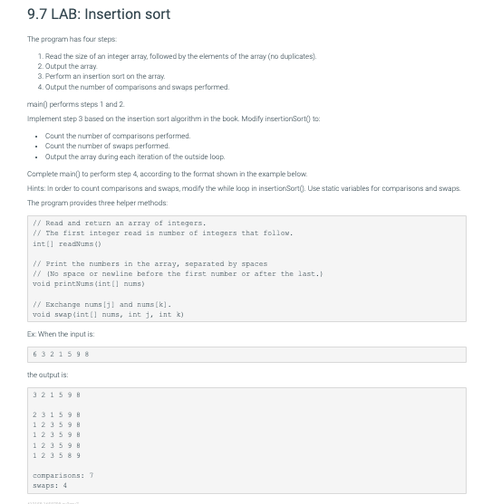 Solved 9.7 LAB: Insertion sort The program has four steps: | Chegg.com