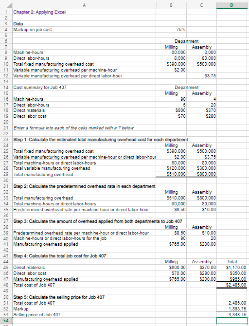 Solved D $70 A B C 1 Chapter 2: Applying Excel 2 3 Data | Chegg.com