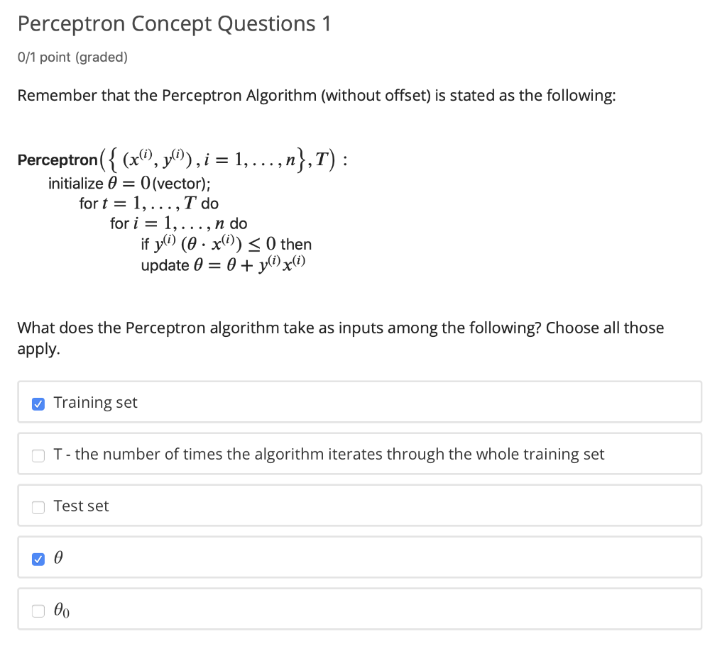 Solved Perceptron Concept Questions 1 0/1 point (graded) | Chegg.com
