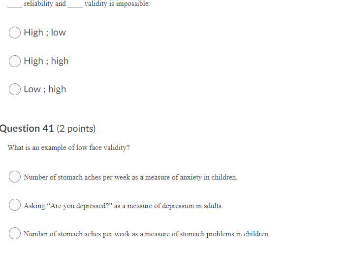 Solved reliability and validity is impossible. High ; low | Chegg.com