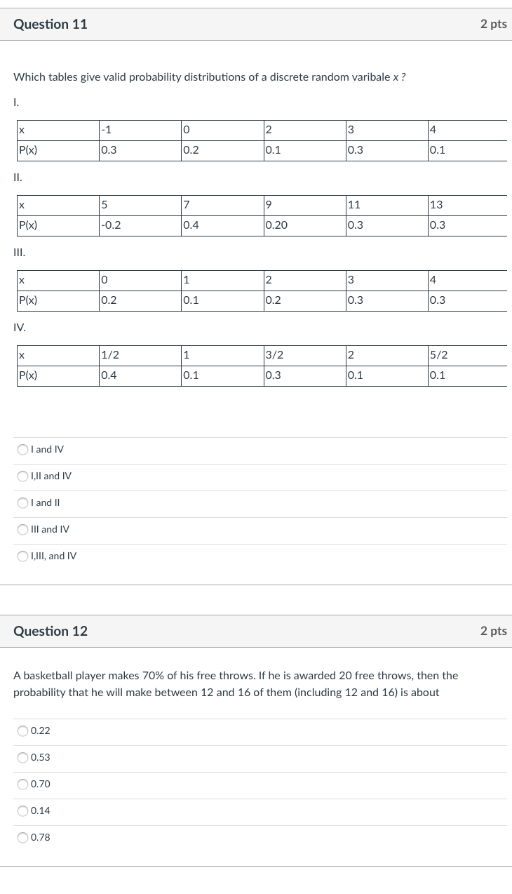 Solved Question 11 2 pts Which tables give valid probability | Chegg.com