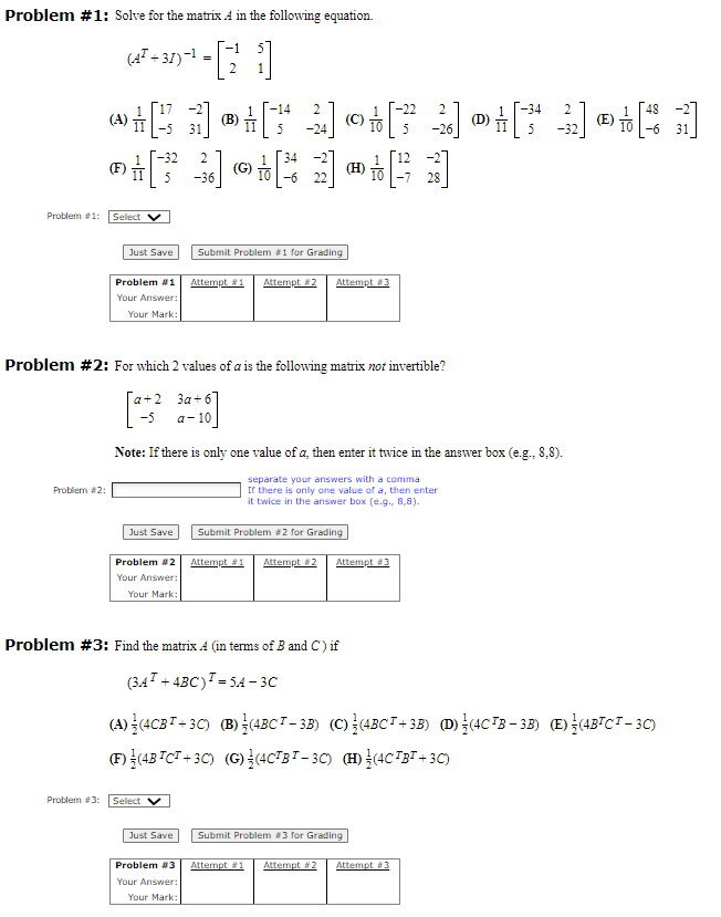Solved Problem \#1: Solve for the matrix A in the following | Chegg.com
