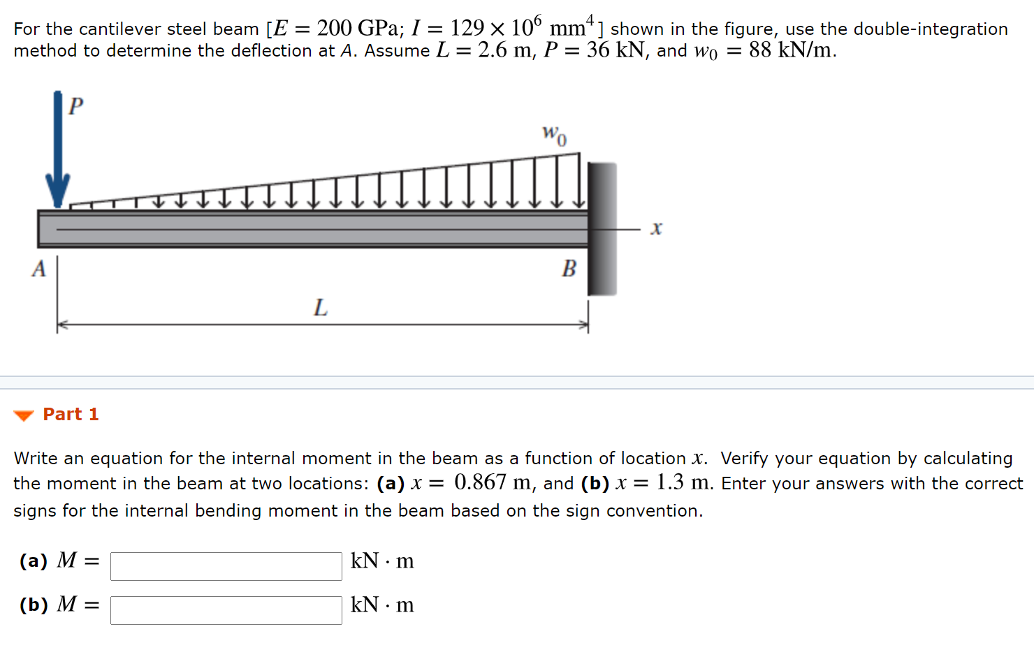 Solved For the cantilever steel beam [E = 200 GPa; 1 = 129 x | Chegg.com