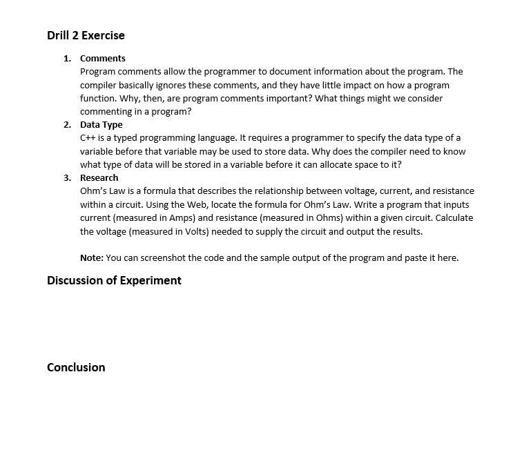 Solved Drill 2 Exercise 1. Comments Program comments allow | Chegg.com