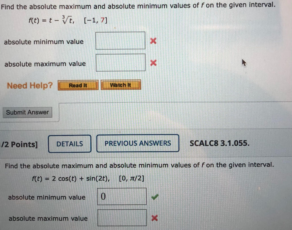 Solved Find the absolute maximum and absolute minimum values | Chegg.com