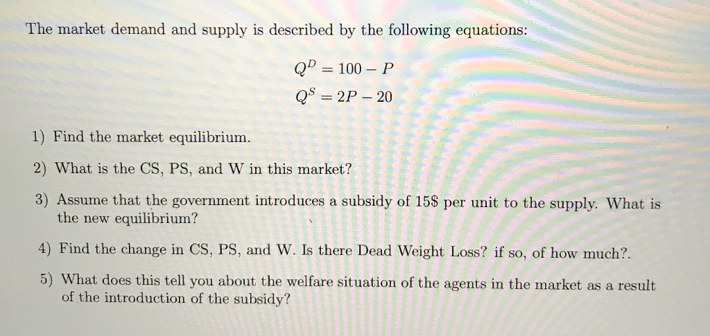 Solved The market demand and supply is described by the | Chegg.com