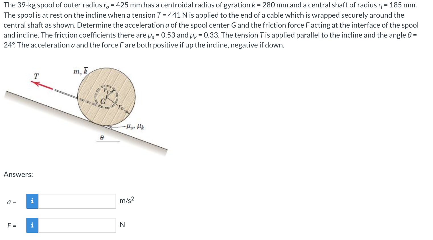 Solved The 39- kg spool of outer radius ro=425 mm has a | Chegg.com