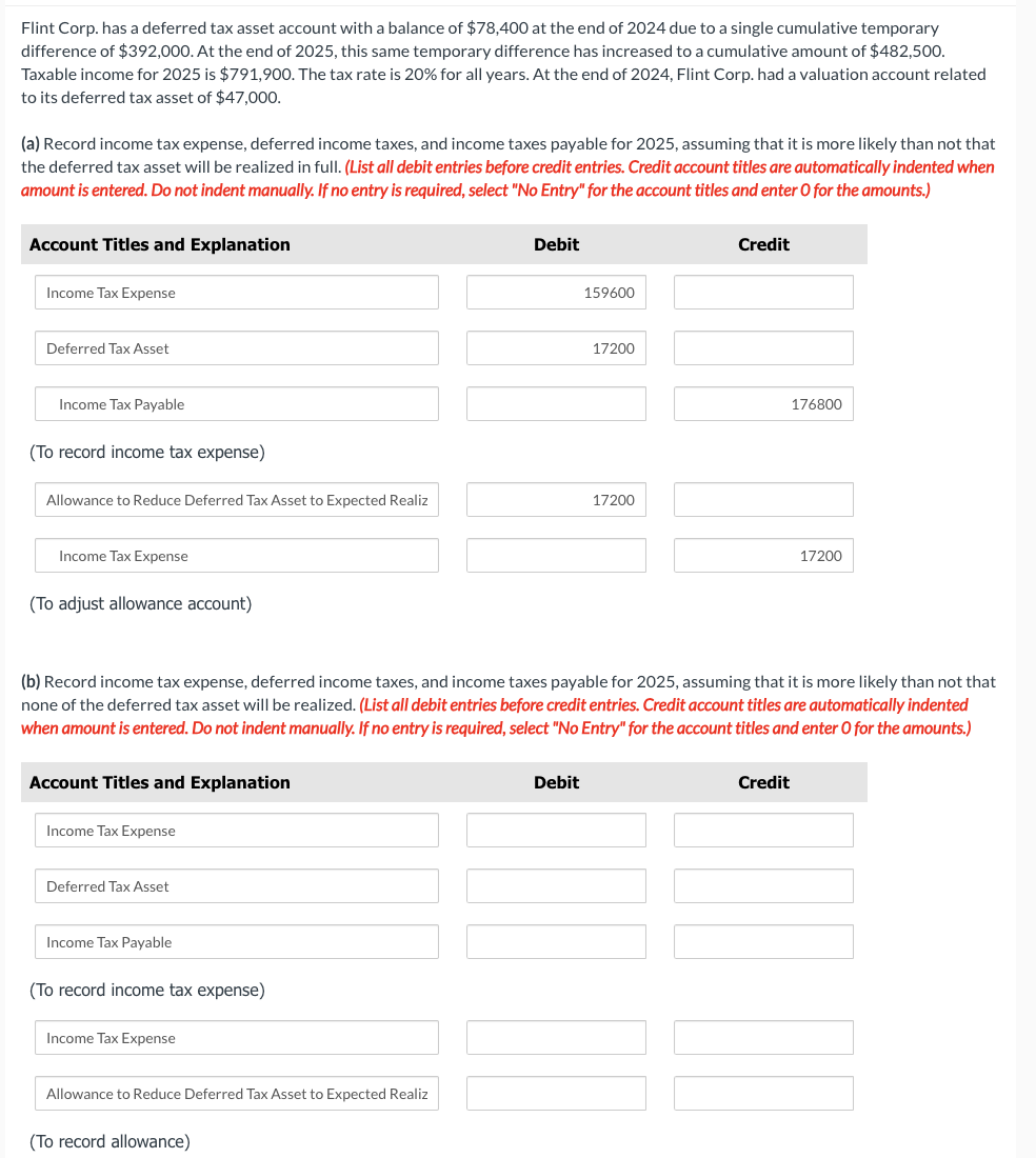 Solved Flint Corp. has a deferred tax asset account with a