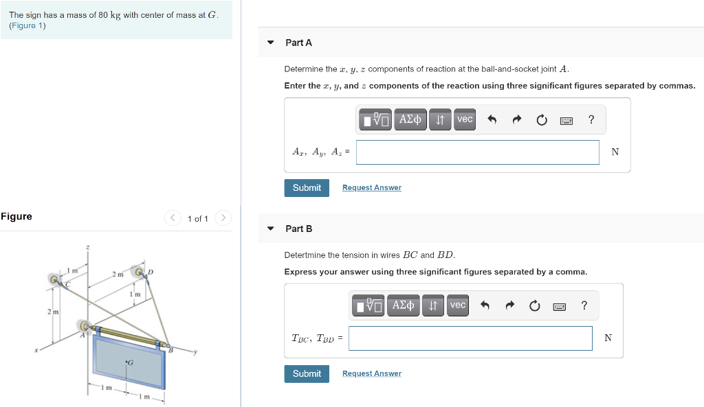 Solved The sign has a mass of 80 kg with center of mass at G | Chegg.com