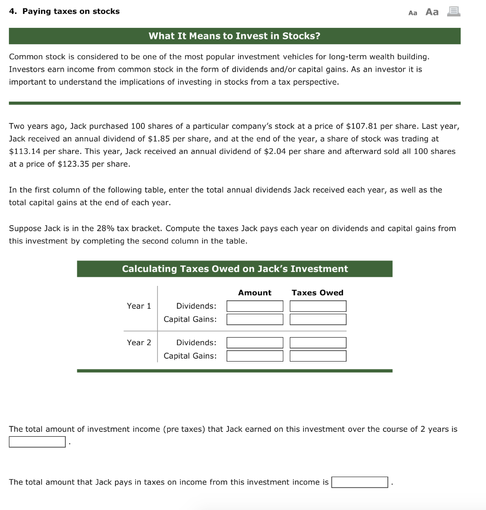 Solved 4. Paying taxes on stocks Aa Aa What It Means to