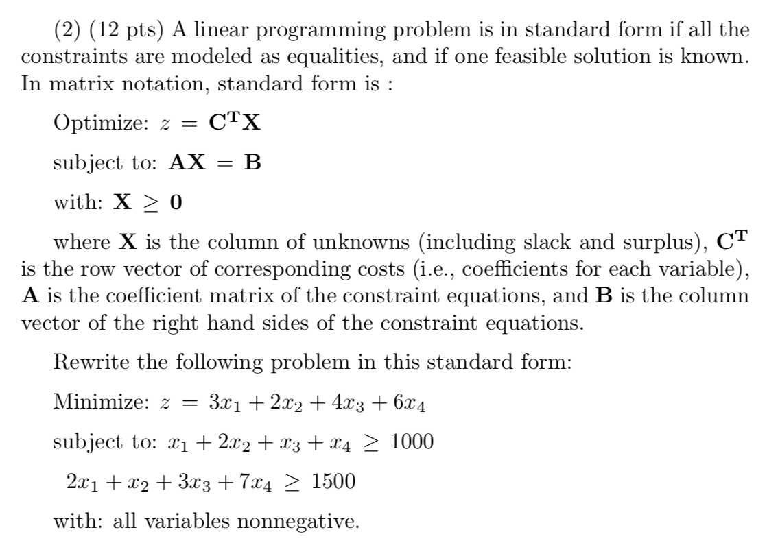 Solved (2) (12 pts) A linear programming problem is in | Chegg.com