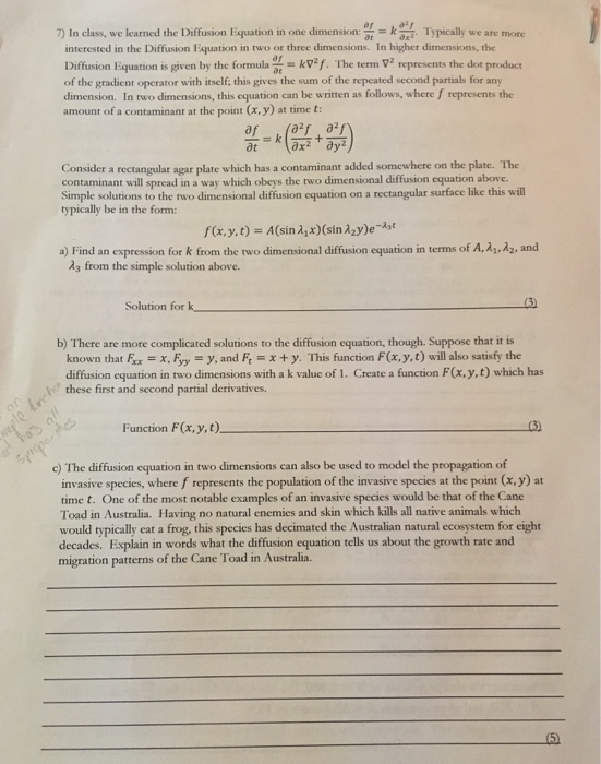 Solved In class, we learned the Diffusion Equation in one | Chegg.com