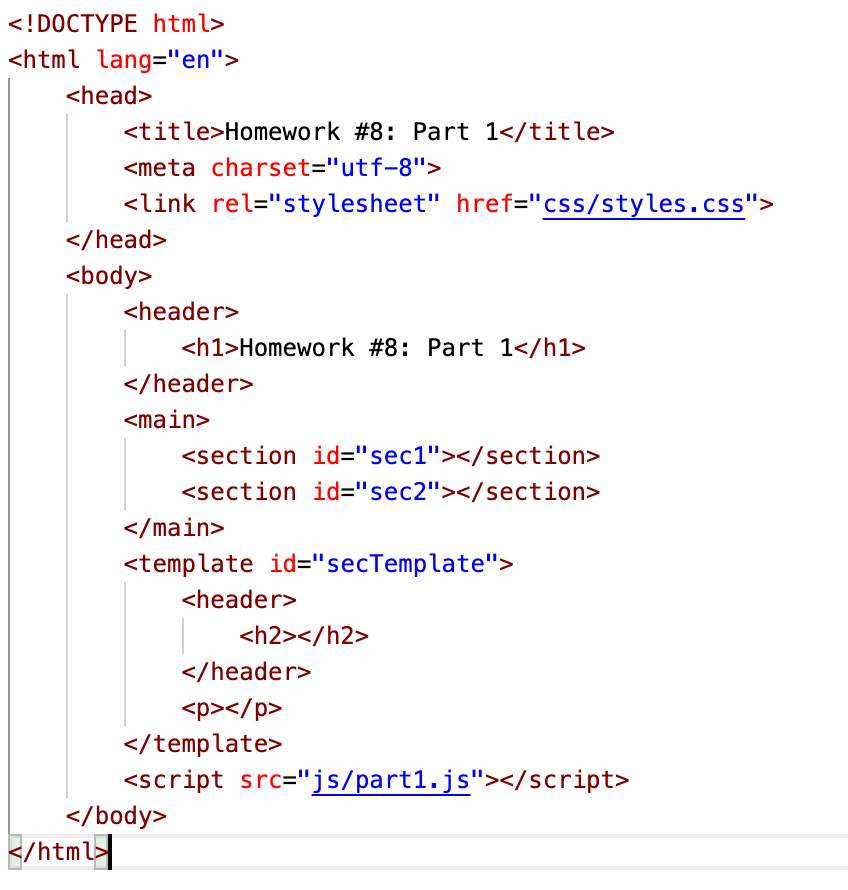 Solved 1. There are two empty sections in the HTML document | Chegg.com