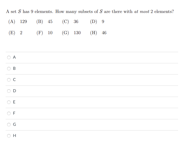Solved A set S has 9 elements. How many subsets of S are | Chegg.com