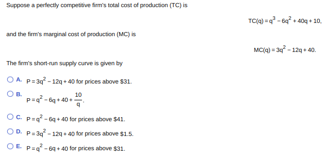 Solved Suppose a perfectly competitive firm's total cost of | Chegg.com