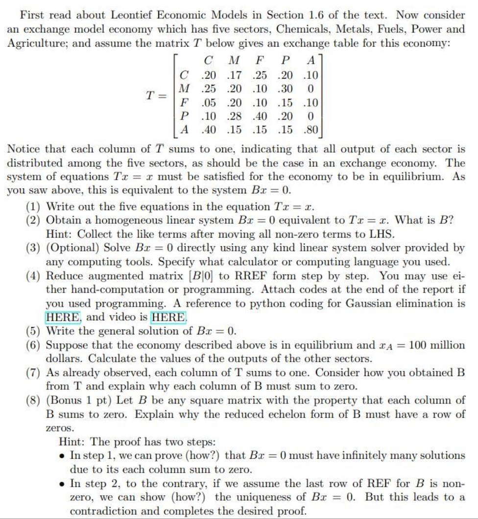 Solved First read about Leontief Economic Models in Section | Chegg.com