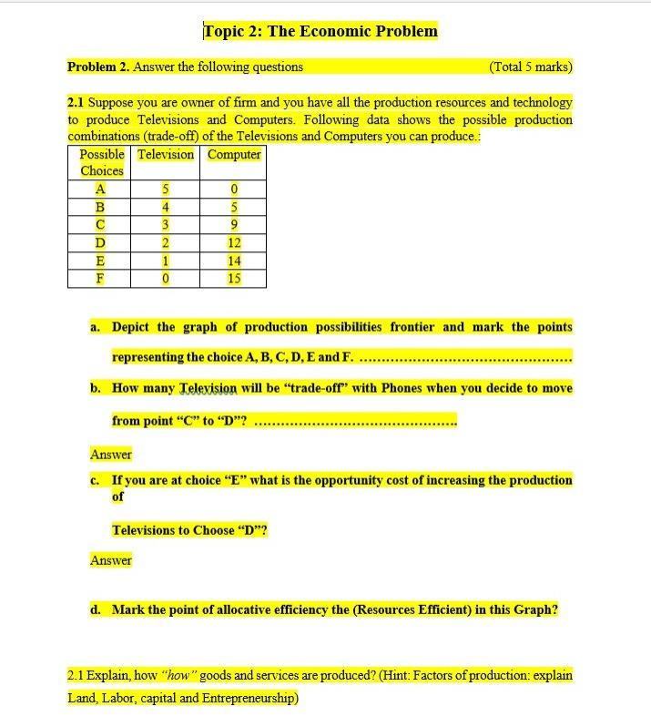 Solved Topic 2: The Economic Problem Problem 2. Answer The | Chegg.com