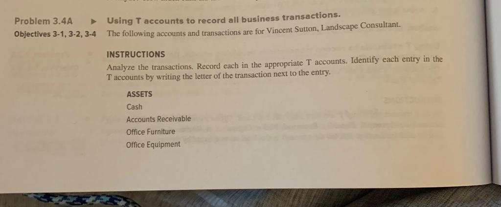 Problem 3.4A Using \( T \) accounts to record all business transactions. Objectives 3-1, 3-2,3-4 The following accounts and t