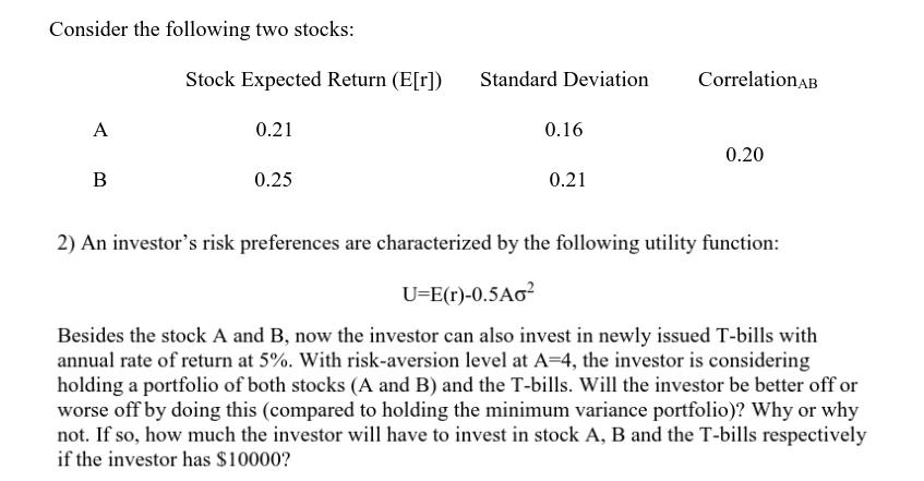 Solved Consider The Following Two Stocks: Stock Expected | Chegg.com