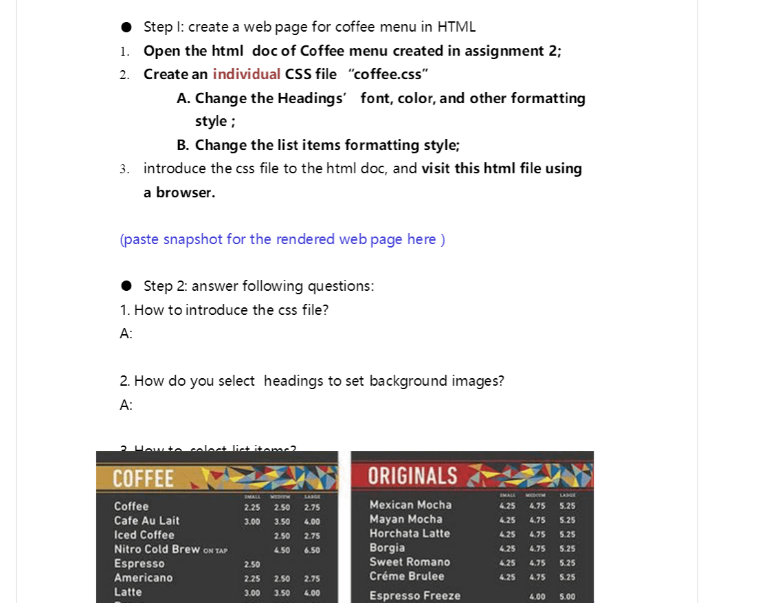 Solved • Step l: create a web page for coffee menu in HTML | Chegg.com