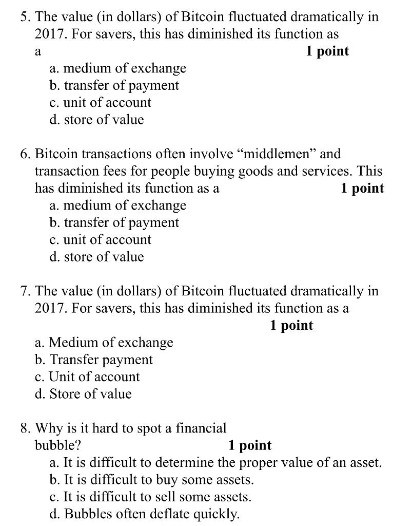 Solved a 5. The value (in dollars) of Bitcoin fluctuated | Chegg.com