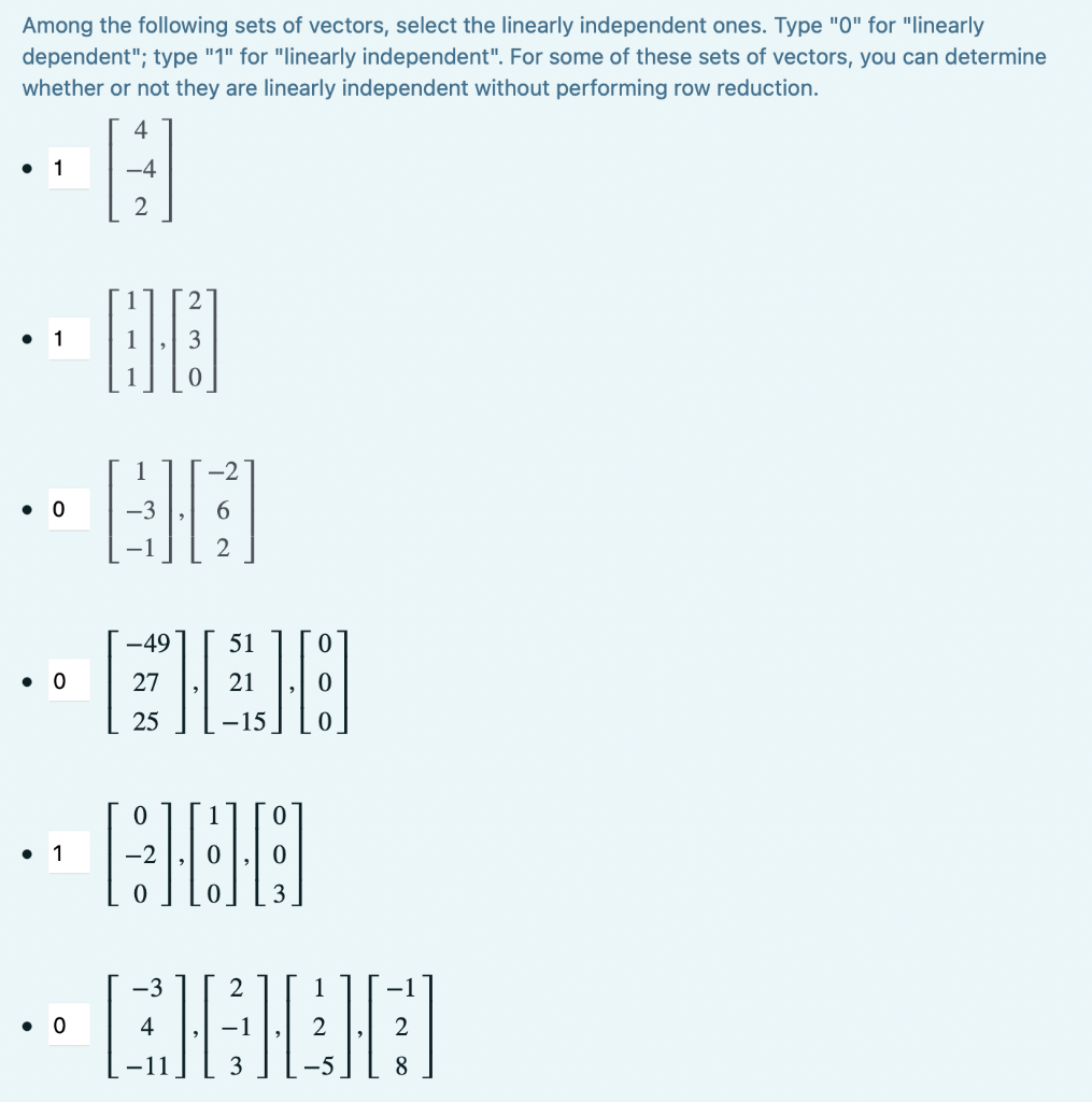 Solved Among the following sets of vectors select the Chegg