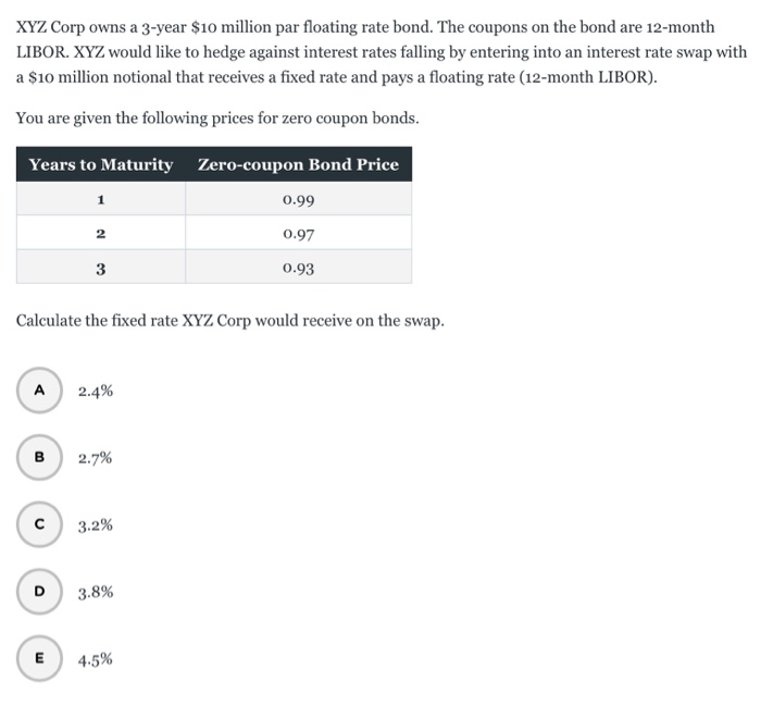 Solved xyz corp owns a 3 year 10 million par floating rate chegg