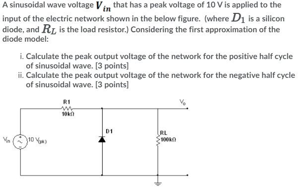 Solved A sinusoidal wave voltage V in that has a peak | Chegg.com