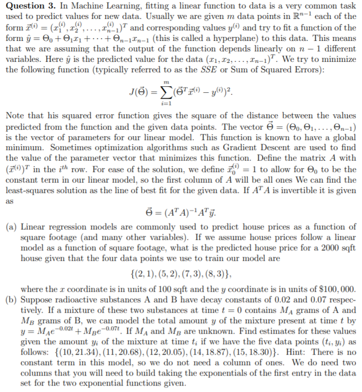 Question 3. In Machine Learning, fitting a linear | Chegg.com