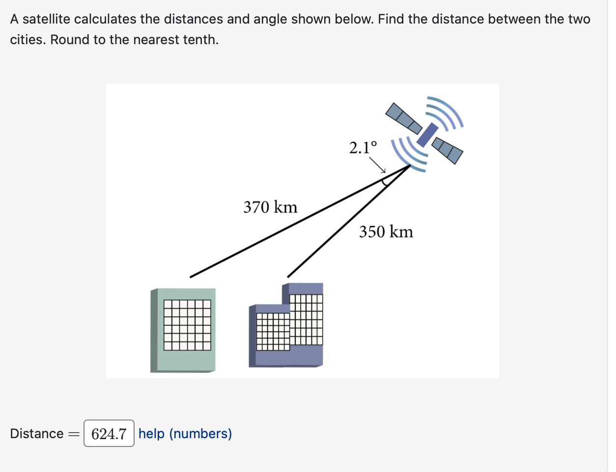 Solved A satellite calculates the distances and angle shown | Chegg.com