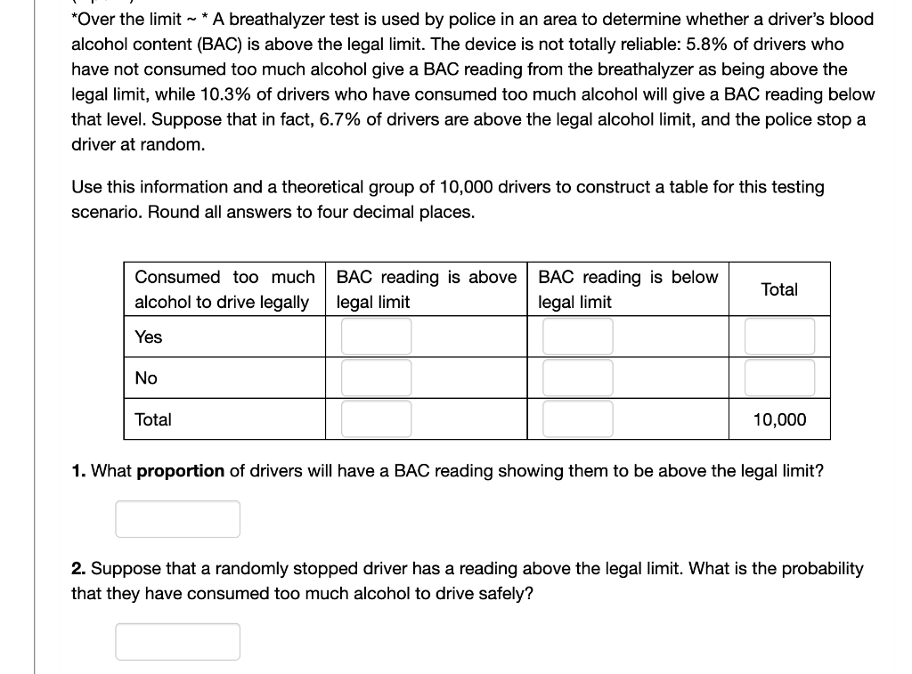 Solved *Over the limit * A breathalyzer test is used by