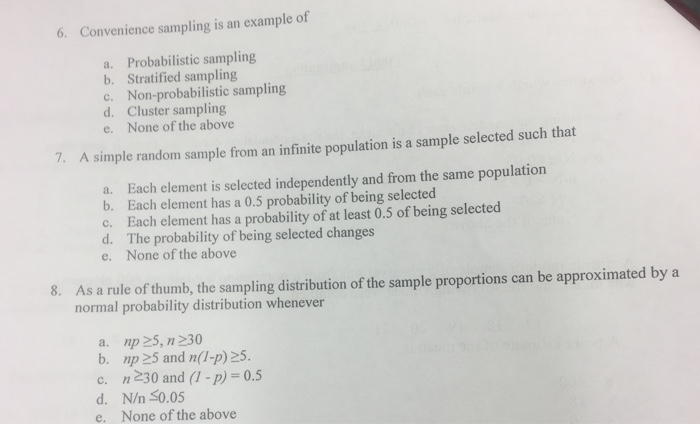 Solved 6. Convenience sampling is an example of a. | Chegg.com