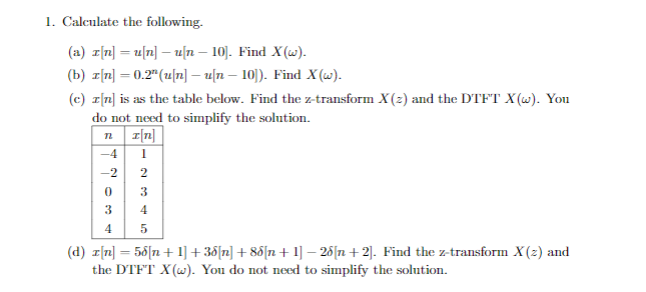 Solved 1 Calculate The Following A N Z N U N 1 Chegg Com