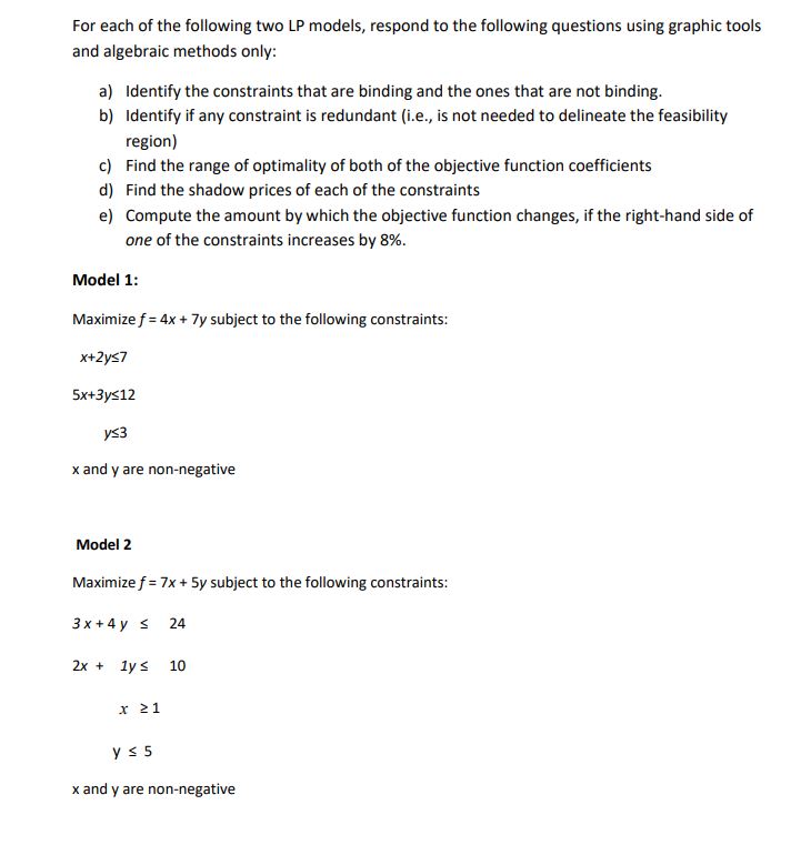 Solved For each of the following two LP models, respond to | Chegg.com