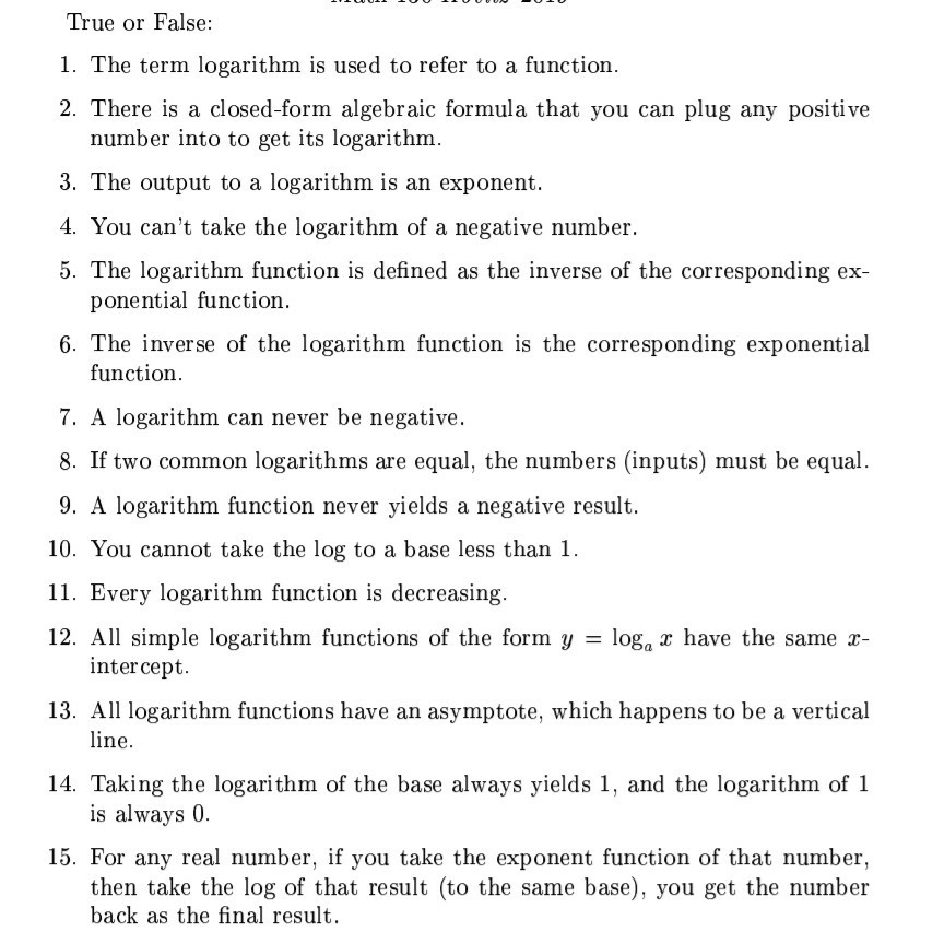 Solved True or False: 1. The term logarithm is used to refer | Chegg.com
