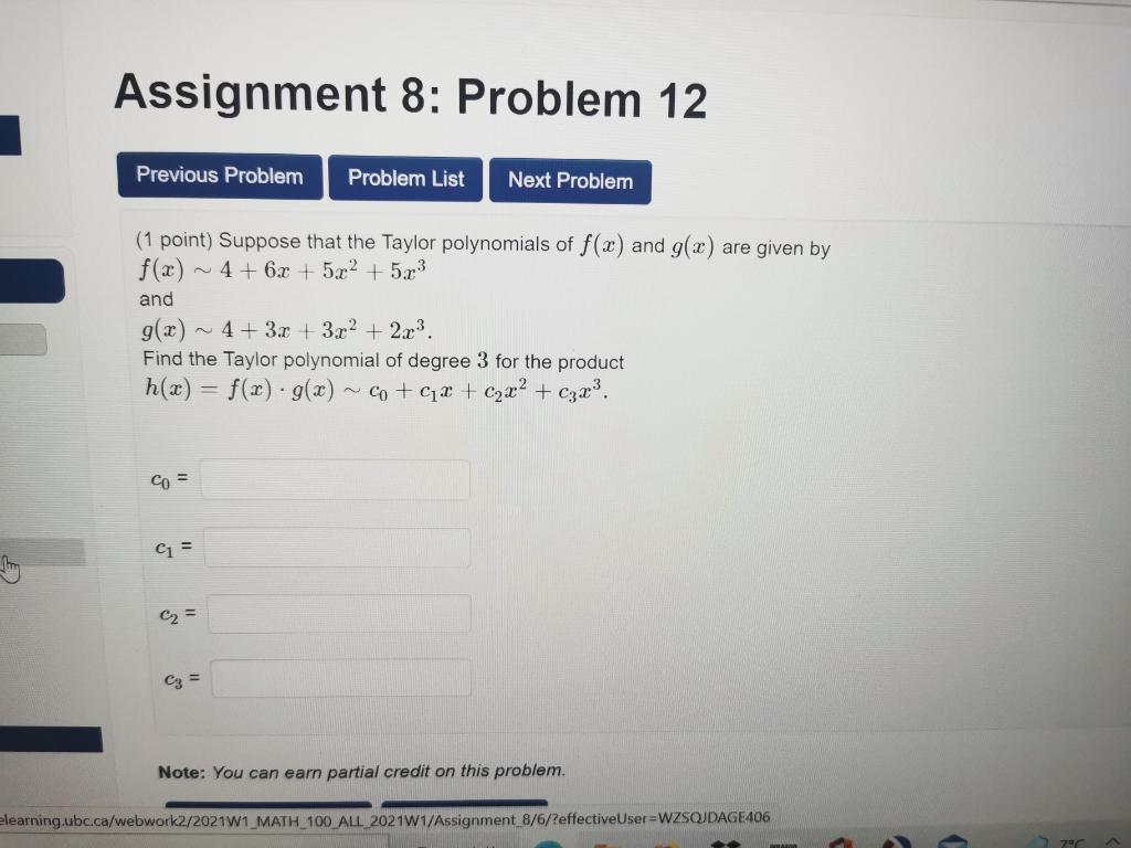 Solved Assignment 8: Problem 12 Previous Problem Problem | Chegg.com