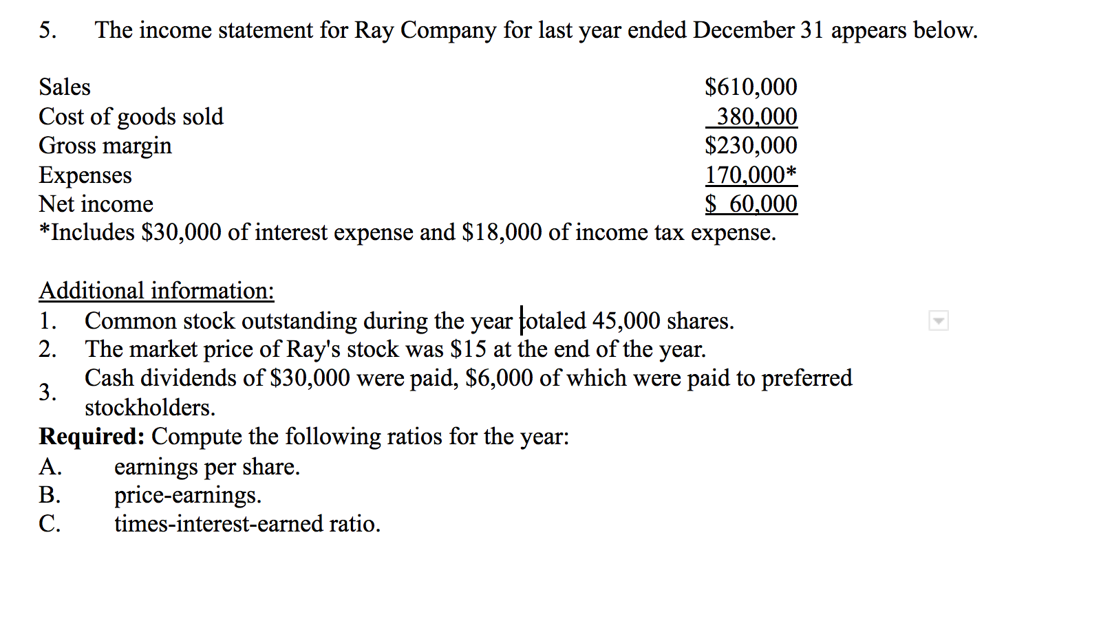 5. The income statement for Ray Company for last year | Chegg.com