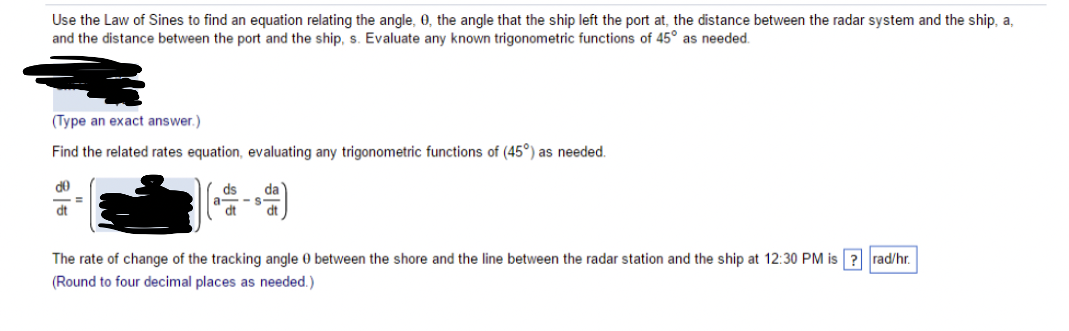 Use the Law of Sines to find an equation relating the angle, \( \theta \), the angle that the ship left the port at, the dist