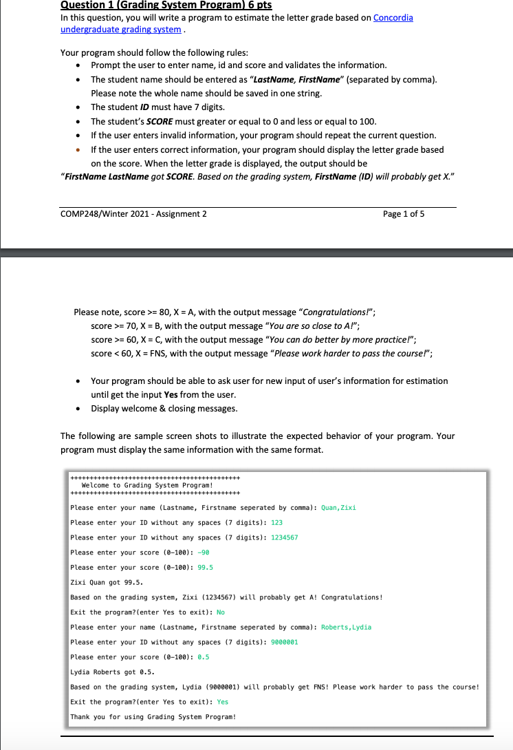 Solved Question 1 Grading System Program) 6 pts In this | Chegg.com