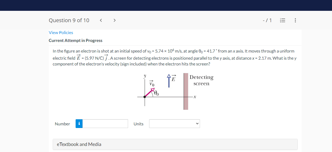In the figure an electron is shot at an initial speed of \( v_{0}=5.74 \times 10^{6} \mathrm{~m} / \mathrm{s} \), at angle \(