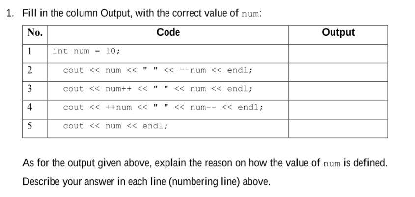 1. Fill in the column Output, with the correct value of num:
As for the output given above, explain the reason on how the val