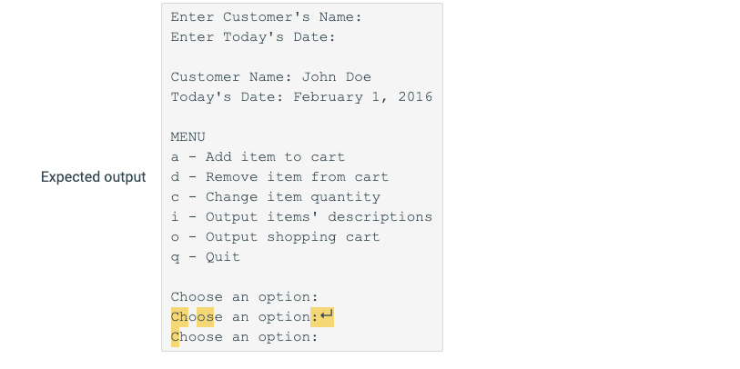 Enter Customers Name: Enter Todays Date: Customer Name: John Doe Todays Date: February 1, 2016 MENU Add item to cart a Exp