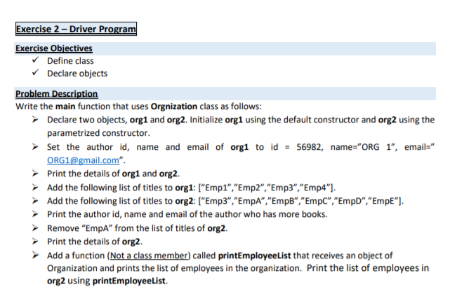 Solved Exercise 1 - Organization Class O Exercise Objectives | Chegg.com