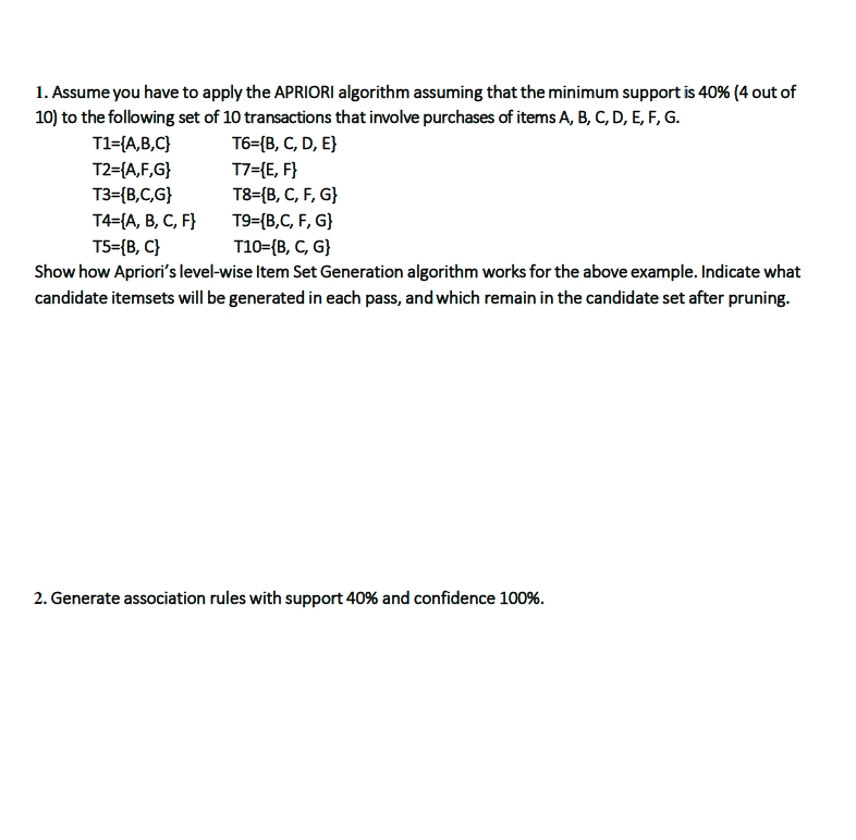 Solved 1. Assume You Have To Apply The APRIORI Algorithm | Chegg.com